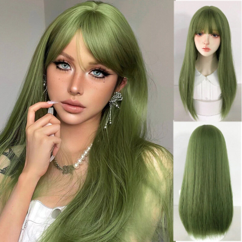 Wig wanita kepala penuh, Set rambut palsu baru dengan poni udara, rambut keriting panjang sedang Hijau, rambut lurus, serat sintetis hijau ceruk, lucu