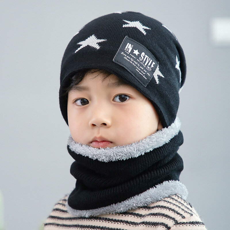 Sombrero de lana de invierno para niños, cubierta de cuello, versión coreana, gorro de punto cálido engrosado, gorros para bebés, conjunto de bufanda