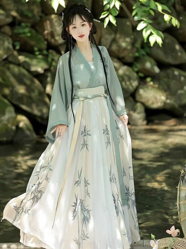 Vestido antigo chinês hanfu para mulheres, traje cosplay feminino halloween, vestido de verão, hanfu verde, conjuntos 3pcs