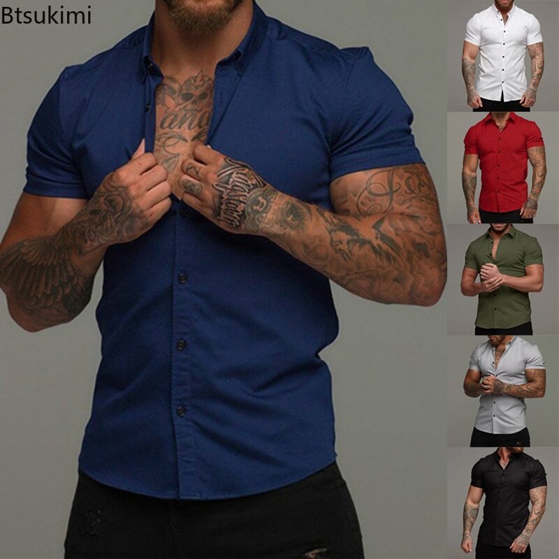 Kemeja kasual pria, Blus bisnis Gym kardigan sederhana tanpa disetrika lengan pendek warna polos, nyaman untuk lelaki