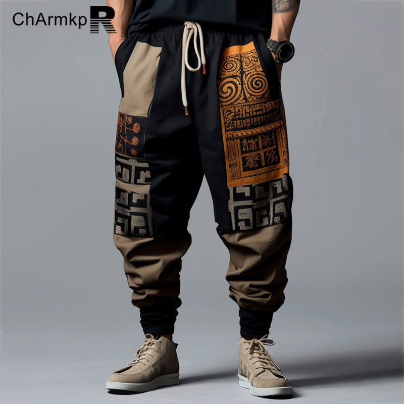CharmkpR-Calças compridas com padrão para homens, cintura com cordão, calças patchwork casuais, streetwear, blocos de cores, 2XL, 2XL, 2024