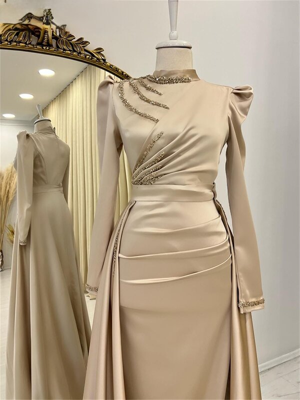 Женское вечернее платье-русалка, платье цвета шампанского со съемной юбкой и высоким воротником, платье для выпускного вечера
