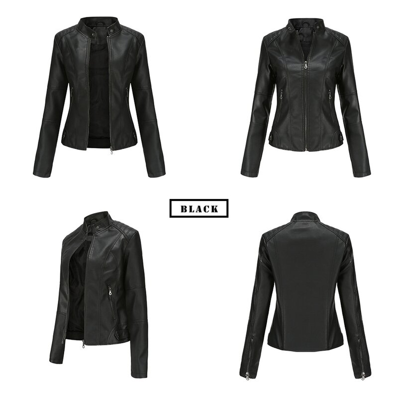 European Size Women's Leather Jacket Slim Fit Jacket Thin Spring and Autumn Jacket Women's Motorcycle Suit Large Standing Collar