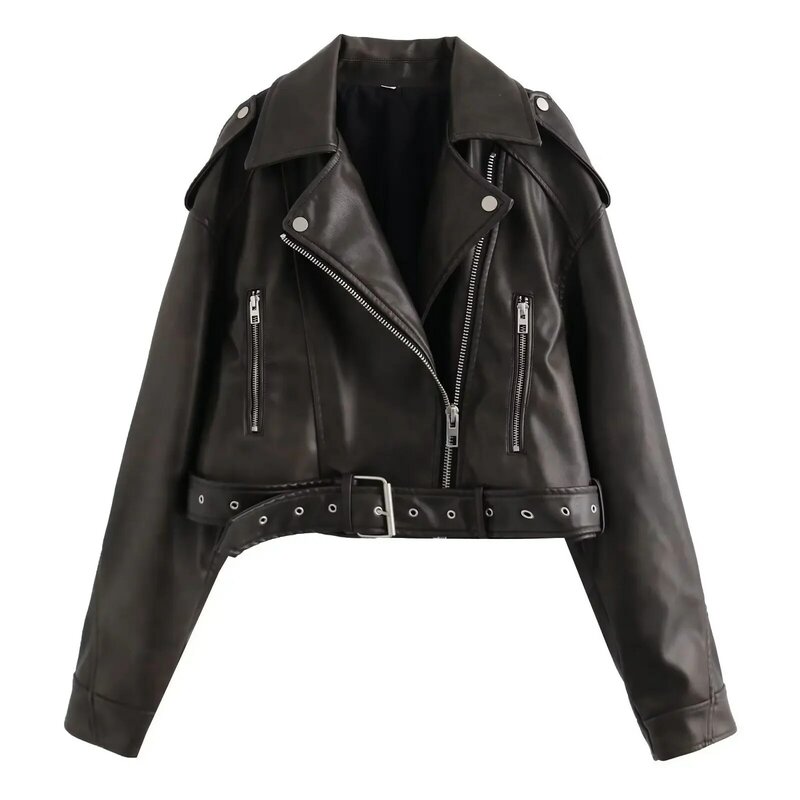 Womens Leather Jacket 2023 New Two-color Leather Old Lapel Loose Pu Leather Coat Woman