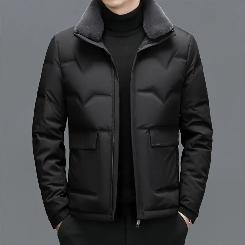 Mantel panjang musim dingin pria, YXL-7782 tebal, pendek, dengan kerah bebek putih dapat dilepas untuk bisnis kasual hangat