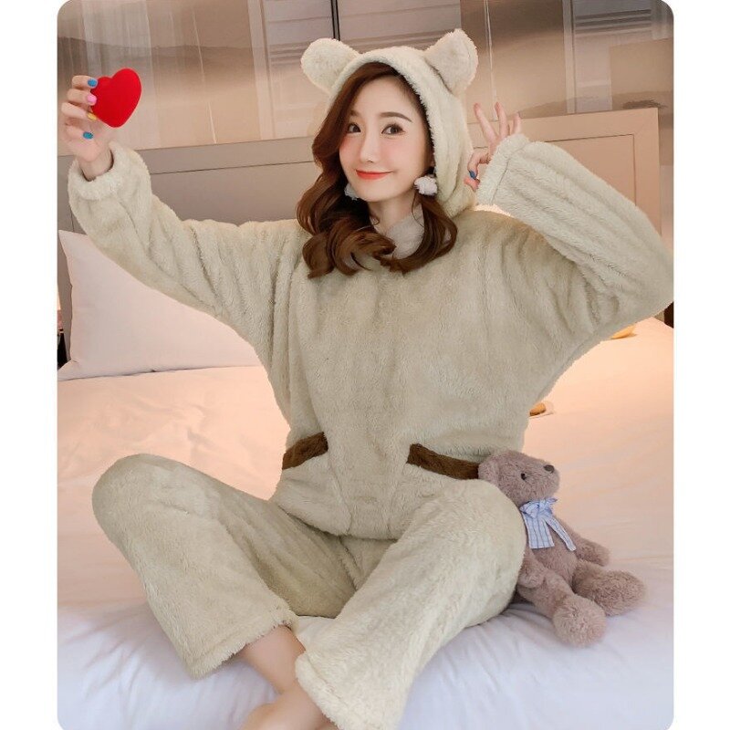 Conjunto de pijama feminino acolchoado de urso manga longa, pijamas de veludo coral, loungewear feminino, plus size, fofo, outono, inverno