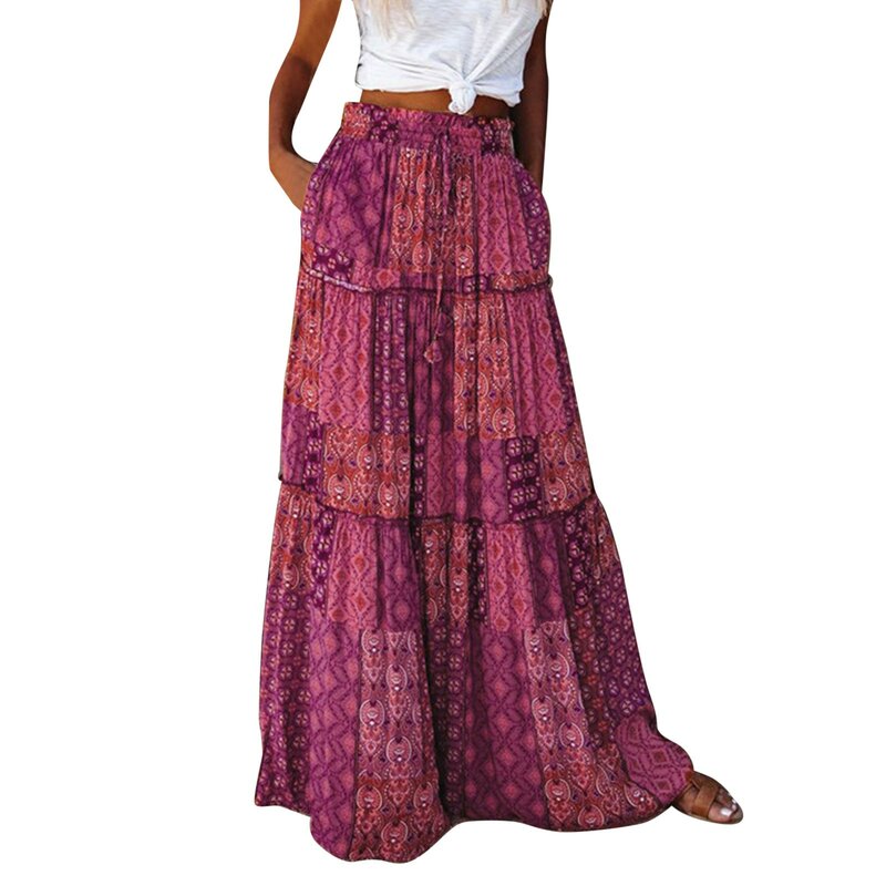 Bohemian Skirt European And American Loose Fitting Casual High Waisted Long Skirts Printed Pleats Ethnic Pastoral Style Wearing