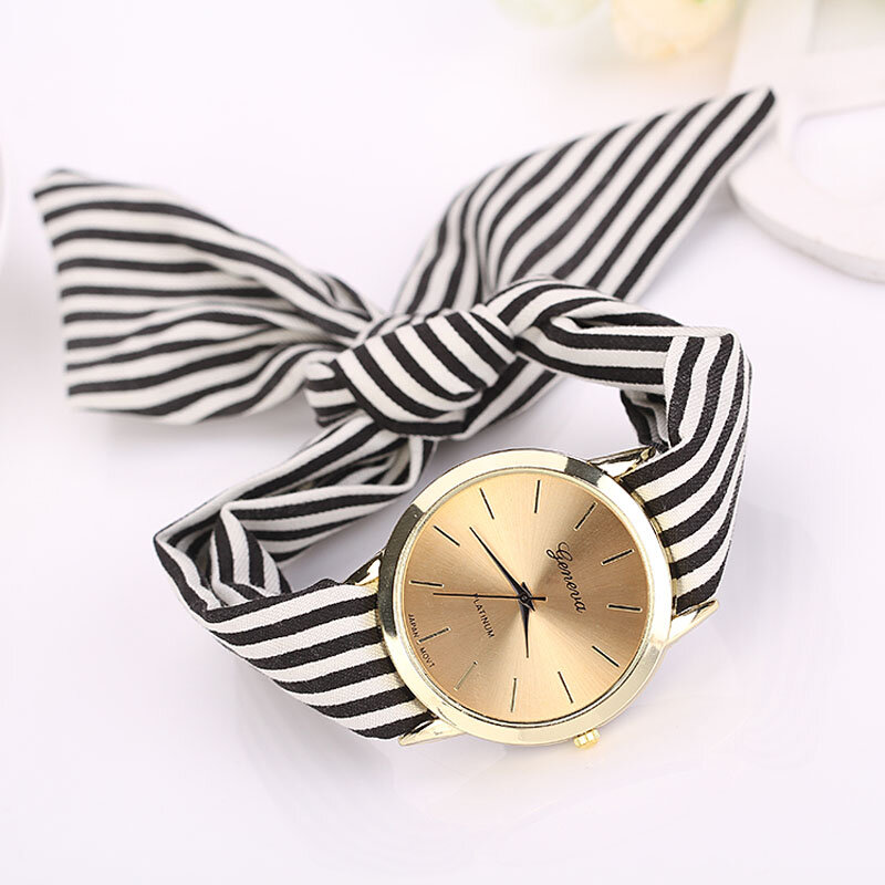Relógio de quartzo feminino listrado preto e branco Floral Cloth Strap, Relógio de pulseira clássico moda, Relógio discagem