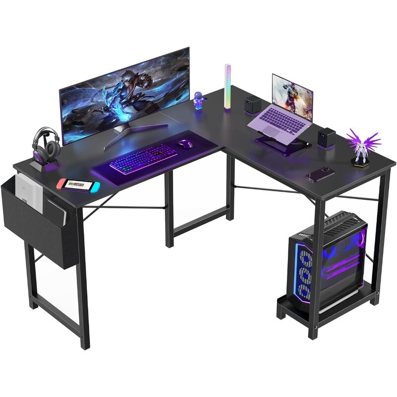 L Shaped Computer Desk - Gaming Table Corner Desk 50 Inch PC Writing Black Desk Study Desks with Wooden Desktop