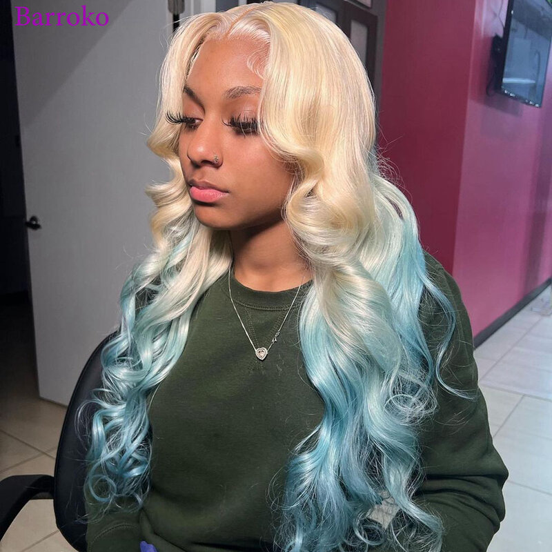 Barroko-Perruque Lace Front Wig Body Wave Remy naturelle, cheveux humains, couleur bleu clair 613, 13x6, pre-plucked, 180%