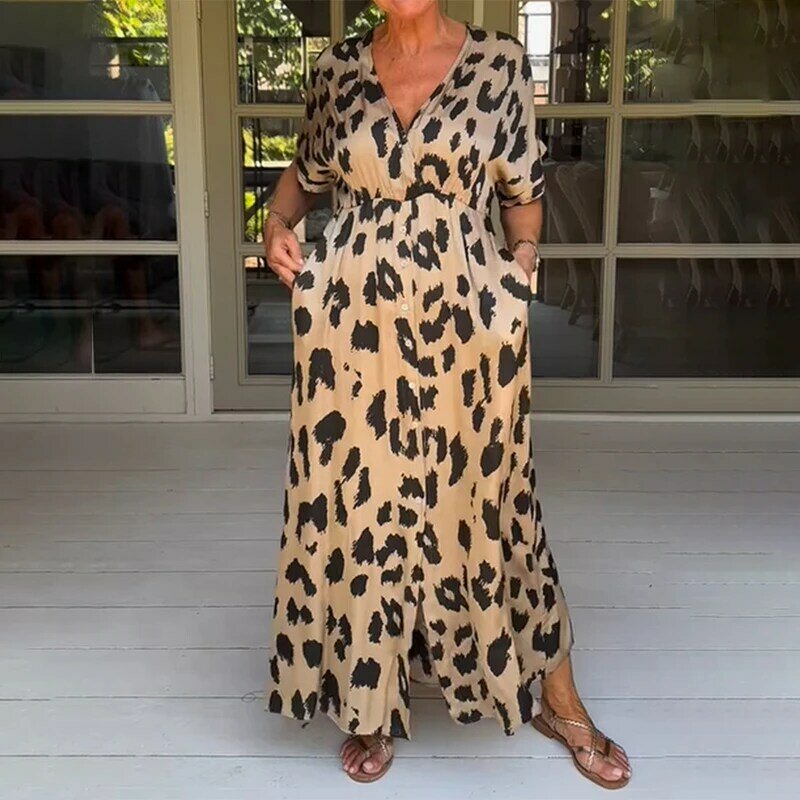 Gaun Maxi pesta wanita elegan longgar mode kasual baru gaun belah motif macan tutul kerah V rendah seksi 2024