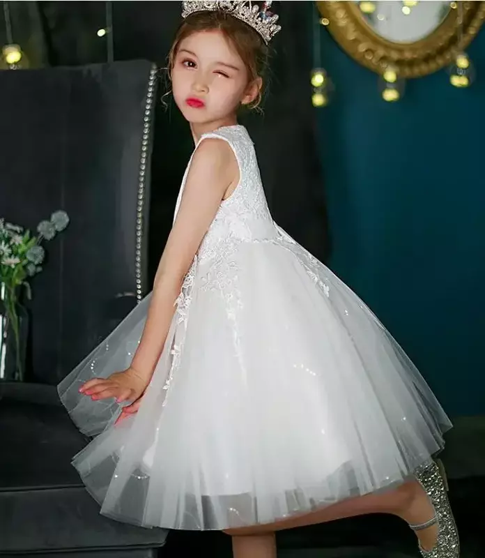 Vestido fofo de gaze infantil, vestido elegante princesa menina, apresentadora de aniversário da menina, vestido para piano, verão