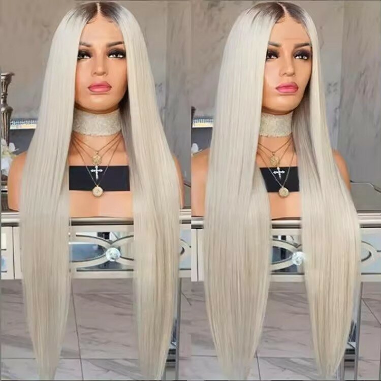 Włosy ludzkie w kolorze blond popiołu pełne koronkowe peruki ciemne korzenie 13x4 peruka front brazylijskie włosy 360 peruki typu Lace front wstępnie bezklejowe proste