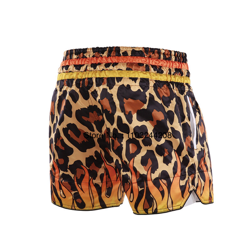 O short do encaixotamento do leopardo para homens e mulheres, calças do treinamento com bolso lateral, artes marciais, luta, kickboxing