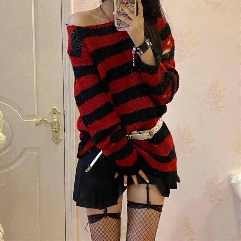 New Women's Clothing Pullovers perforated mid length female couples loose stripes dark versatile knitwear niche Jumpers Sweaters