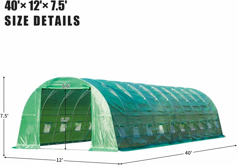 Invernadero portátil de 40 '× 12' × 7,5 ', invernadero grande con 2 puertas con cremallera enrollables y 20 ventanas de pantalla, planta de jardín de túnel