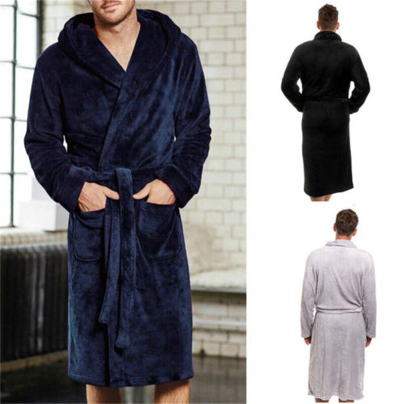 ชุดคลุมอาบน้ำชุดกิโมโนผ้าสักหลาดอบอุ่นสำหรับผู้ชาย, ชุดคลุมอาบน้ำชุดคลุมนอน pakaian rumahan ใส่สบายสำหรับฤดูหนาว