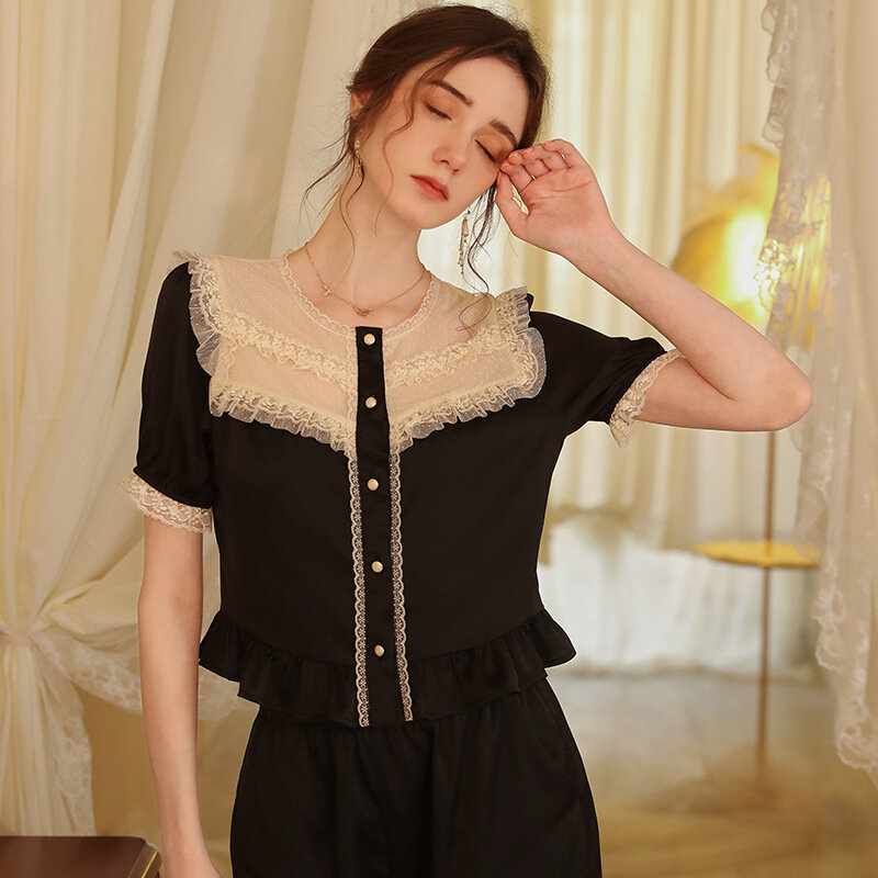 2023 French Ice Silk Pajamas Women's Summer Vintage Lace Shirt Short Sleeve Thin Two Piece Home Suit Round Neck Sexy Loungewear