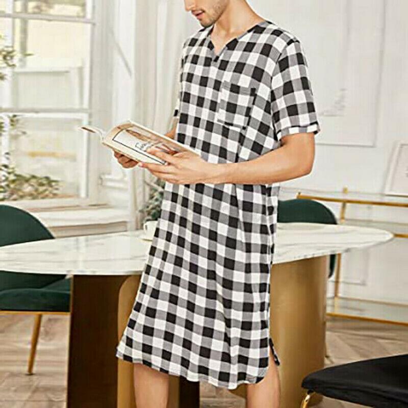 Men Summer Top Plaid Printed Men Loungewear Long Style Short Sleeve V Neck Home Clothes Plaid Print Sleeping Clothes For Men