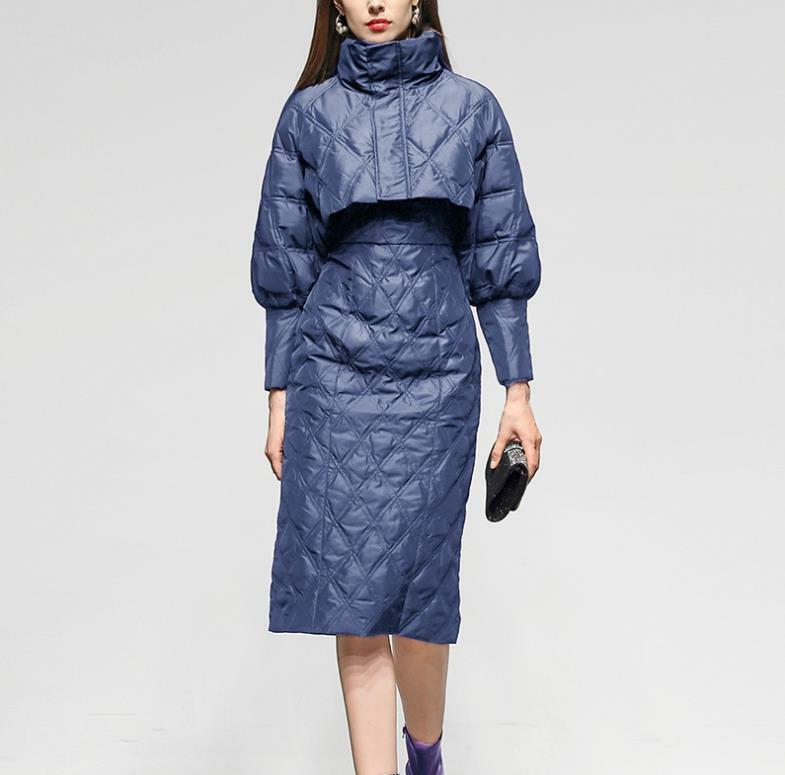 Zimowa damska moda długie rękawy typu lampiony kurtka puchowa dwa pices garnitur