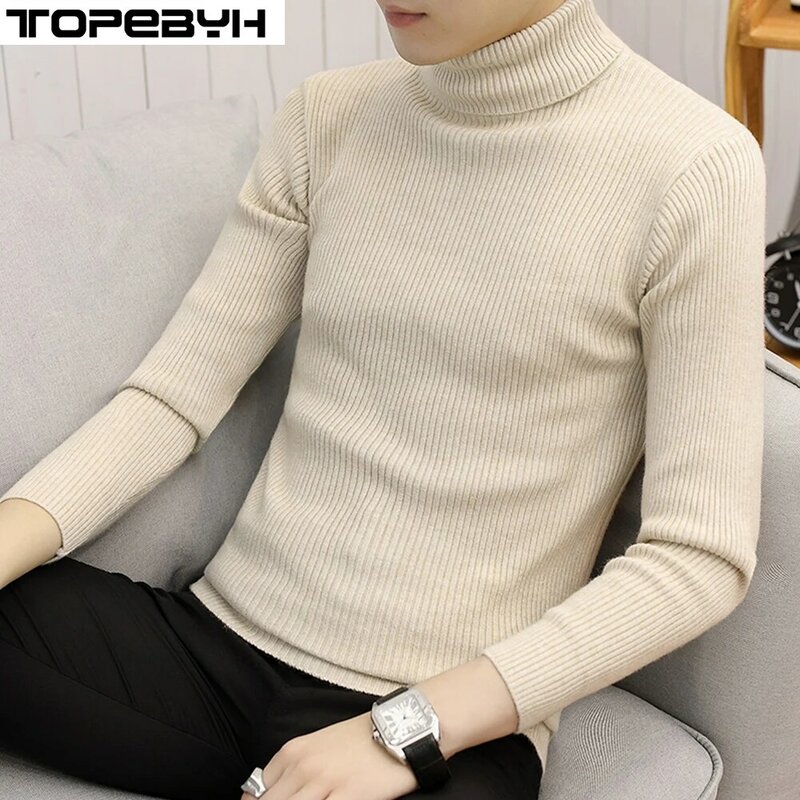 Camisa de punto de cuello alto para hombre, suéter ajustado de manga larga, Tops de Color sólido, Otoño e Invierno