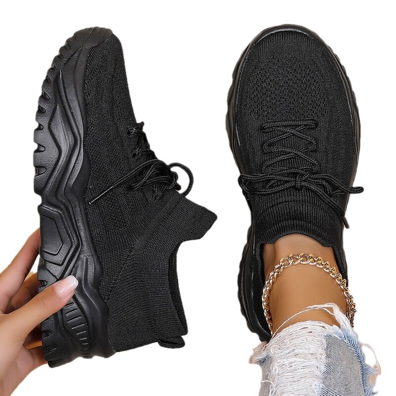 Thick Soled Oversized Sports Mesh Breathable Women's Shoes Socks Solid Color Cuffs, Lace Up Fashion Non Slip Women's Shoes