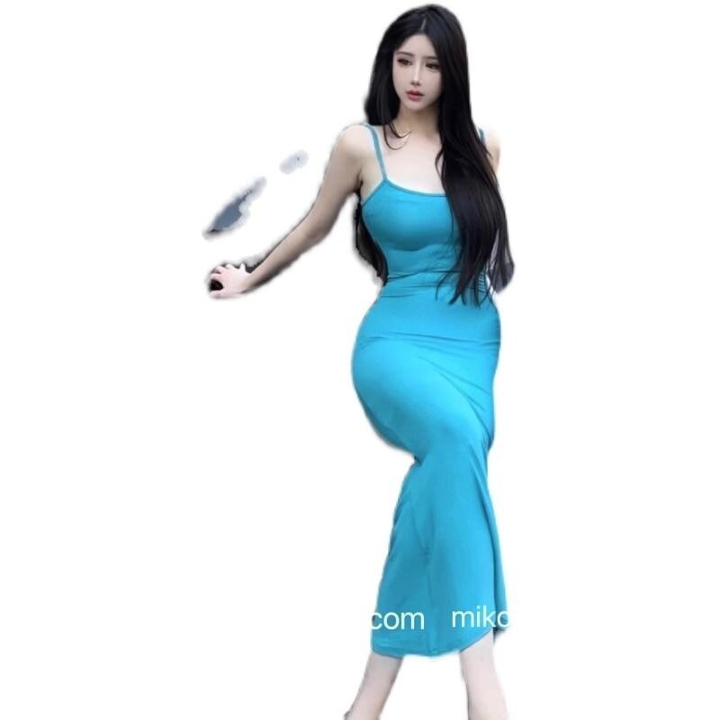 Gaun wanita tali Spaghetti punggung terbuka berongga biru, wanita dengan gaun panjang gaya liar dan seksi