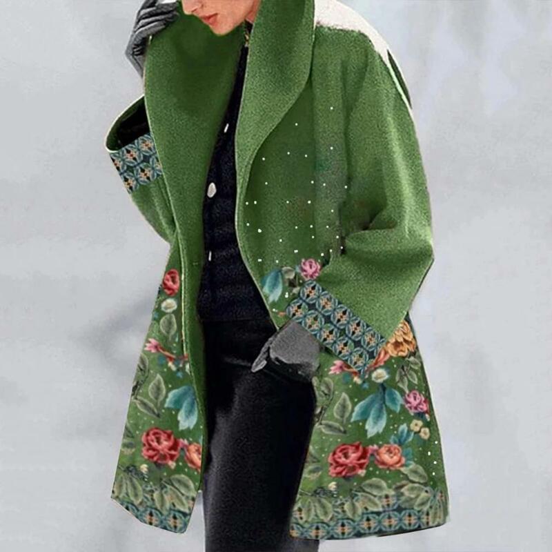 Manteau d'hiver à imprimé floral pour temps froid pour femme, pardessus élégant, coupe mi-longue, optique chaude, col rabattu