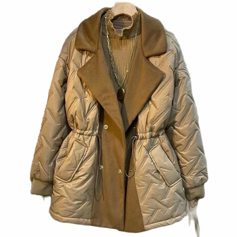 여성용 롱 파카 다운 코튼 재킷, 대형 라펠 탄성 허리 스노우 아웃웨어, 따뜻한 방수 패치워크 코트, 겨울 패션, 신상