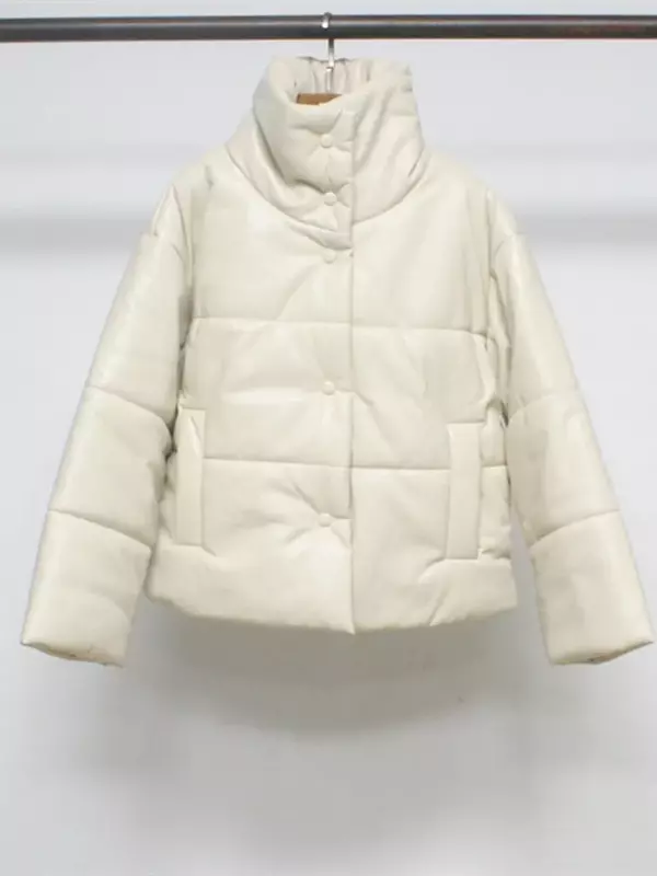 Jaqueta monocromática de couro sintético feminina, casaco quente com bolsos, gola alta, peito único, espessamento, moda, inverno