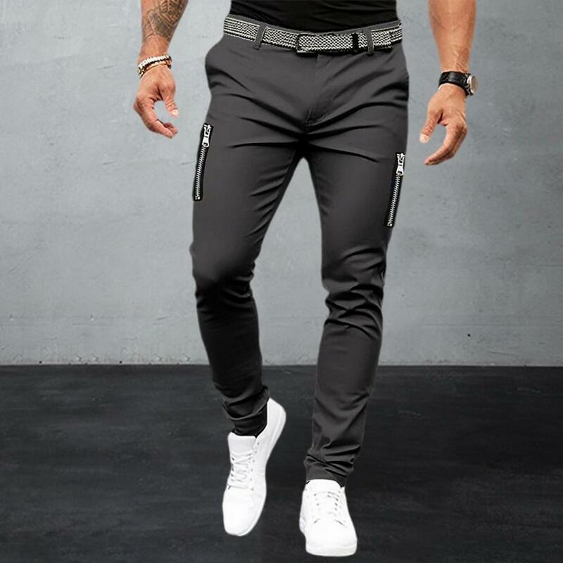 Calça Slim Fit monocromática masculina, bolsos de fechamento de botão, calça respirável macia, cintura média, decoração com zíper, elegante, quatro