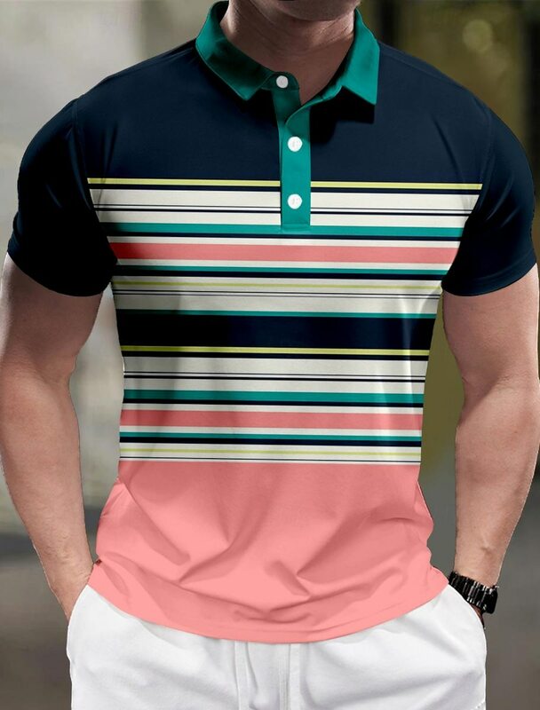 Camisa polo de poliéster listrada 3D masculina, camisa de manga curta, com lapela microelástica, casual para negócios, verão