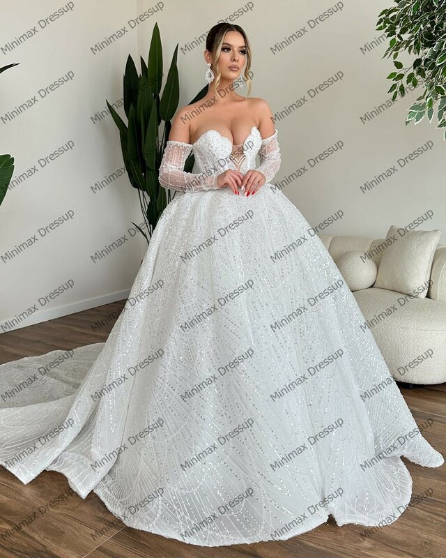 Glitzer Perlen Spitze Brautkleider von der Schulter Pailletten Dubai Brautkleid Illusion Kristalle Hochzeits feier Kleider