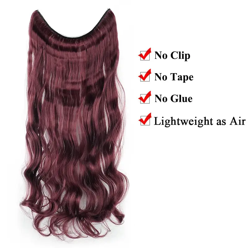 Long Burgundy Synthetic Hair Hairpiece Fish Line Fusion Invisible Curly Hair Extensions Hair Pieces for Women