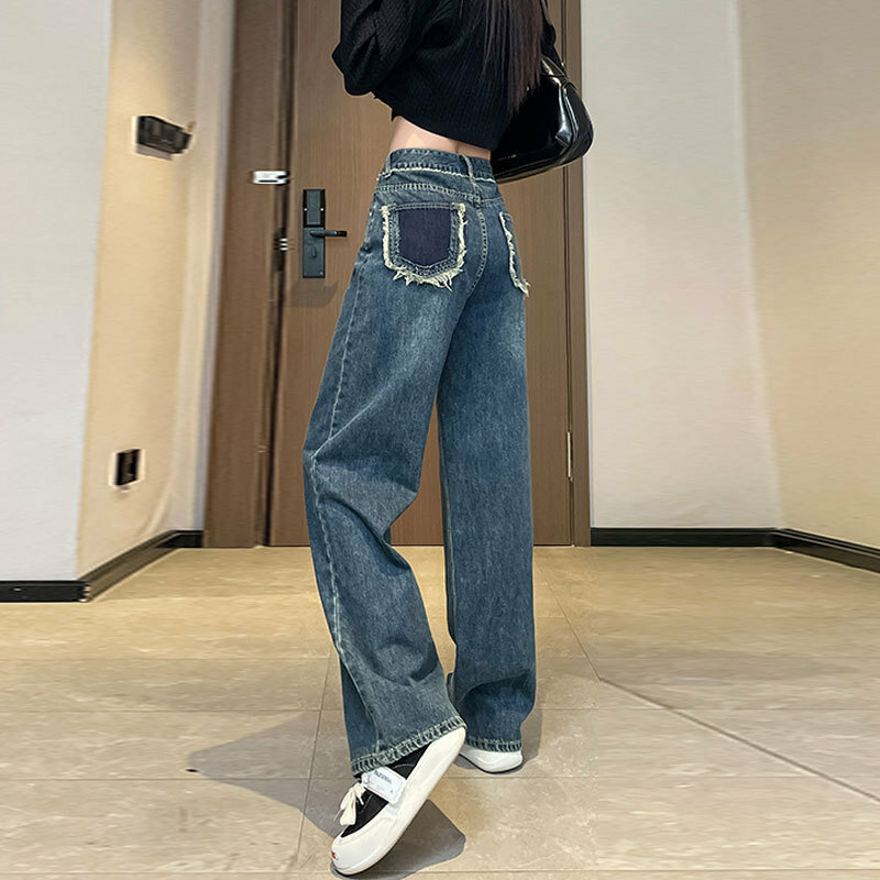 Calça jeans feminina de cintura alta de perna larga, perna reta solta, design de bolso colorido, esfregão de chão, calça jeans feminina casual