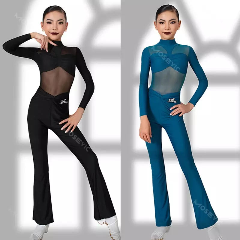 Kids Latin Dance Clothes Girls Long Sleeves Tops Pants Training Practice Wear Rumba Samba Competition Clothing