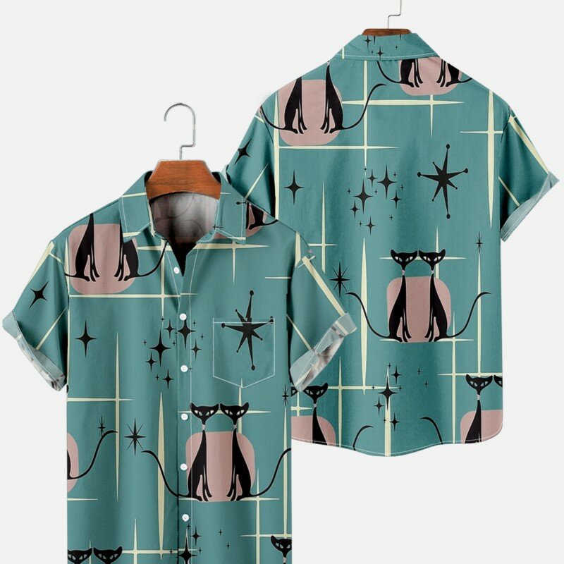 남성용 포켓 셔츠, 3D 반팔 버튼 셔츠, 귀여운 고양이 그림, Y2K 의류, 여름 캐주얼 상의, 남녀공용, 신제품