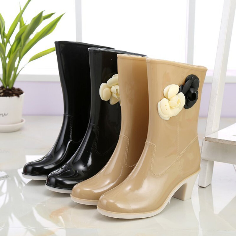 2024 Summer Fashion Women's Mid Cylinder Rain Shoes Flower Decoration High Heeled Water Boots Non-slip Rubber Shoes Zapatos Caza