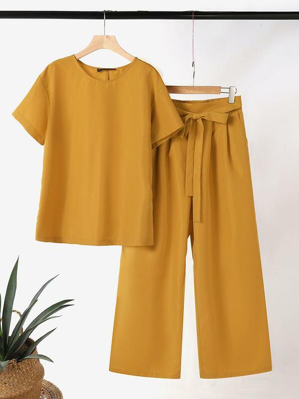 ZANZEA-Conjunto de Blusa de manga corta y pantalón de pierna ancha para mujer, chándal de oficina a juego, moda de verano, 2024