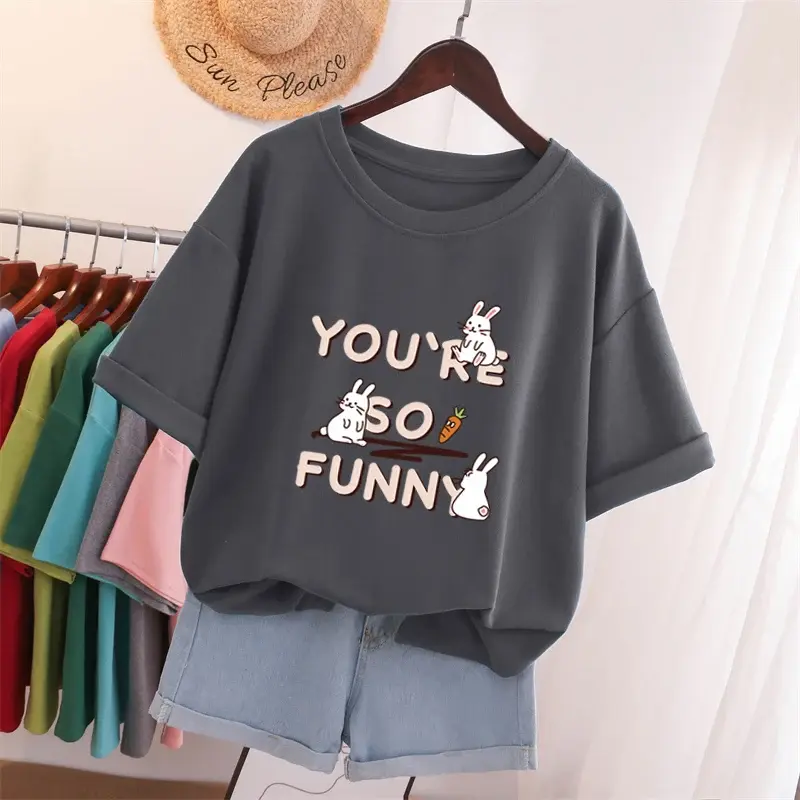 EBAIHUI 100% bawełna L-5XL T Shirt Plus rozmiar Tshirt z krótkim rękawem Cartoon kobiety Top lato słodka para O Neck ponadgabarytowych koszulki