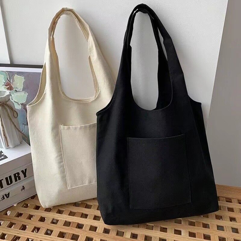 Korean girl Canvas Tote Bag Solid Color Ladies Casual Handbag Shoulder Bag Large Capacity Cotton Reusable Shopping Beach Bags