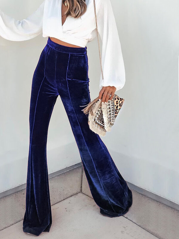 Newest Arrival Women Velvet Flared Pants Solid Color Casual Stretch High Waist Bootcut Trousers Streetwear