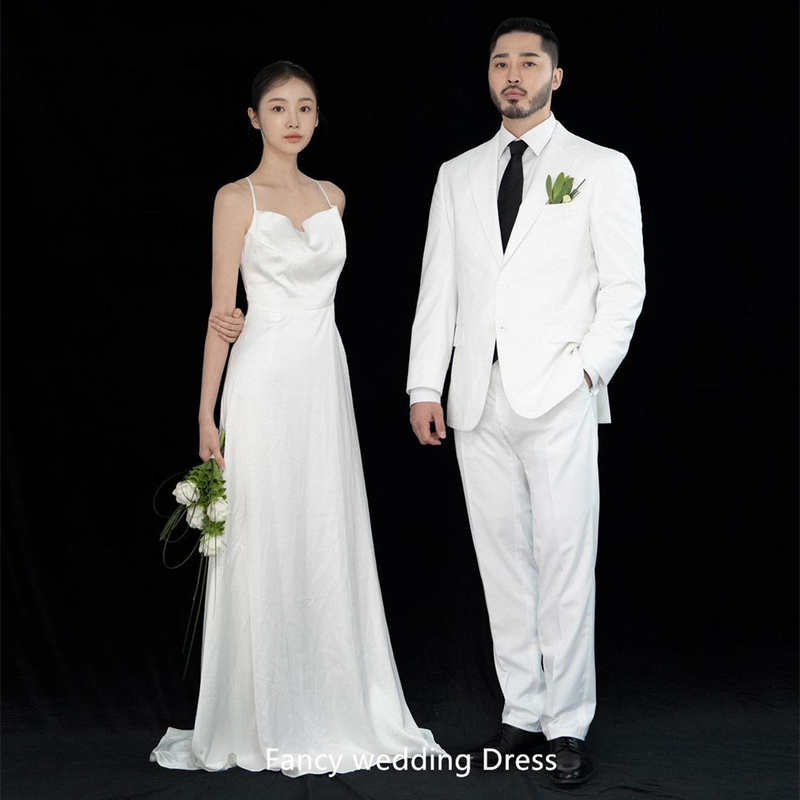 Fancy Simple White A Line Wedding Dress Korea Photo Shoot Spaghetti Straps Satin Bridal Gown Floor Length Custom Made