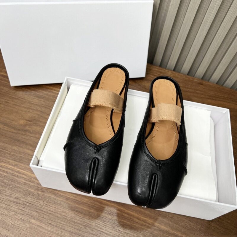 Zapatos Retro pig trotters con punta dividida para mujer, zapatillas de fondo plano, Media boca baja