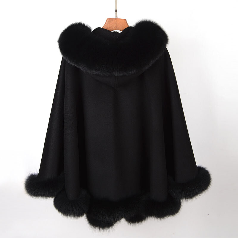 女性のための暖かいウールのジャケット,本物のキツネの毛皮の襟付き,フード付きケープ,モダンな婦人服,冬と秋のファッション,新しい2023