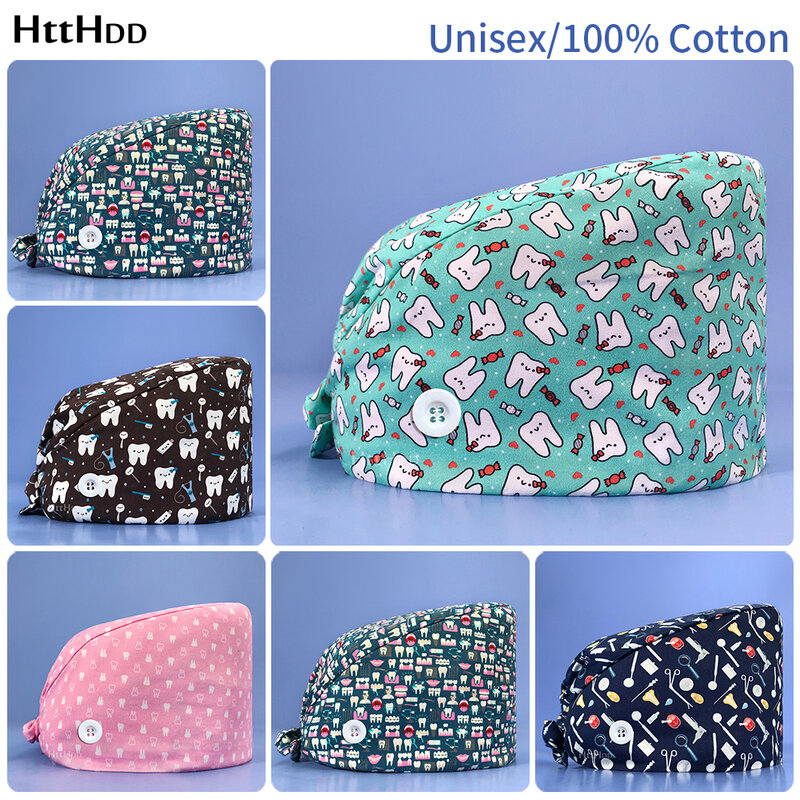 유니섹스 만화 치아 패턴 인쇄 조절 가능한 스크럽 모자, 미용실 의사 간호 수술 모자, 버튼 간호사 모자, 여성 실험실