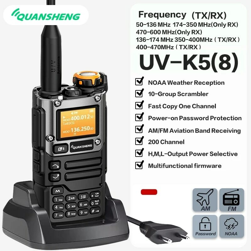 QuanshengUV-K6-walkie-talkie K5, Radio de banda aérea de 5 W, carga UHF, VHF, DTMF, FM, codificador NOAA, frecuencia inalámbrica bidireccional, CB Rad