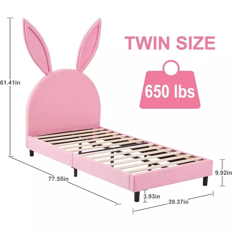 Children's twin bed frame, supported by 12 wooden slats, no boxing springs required, with padded headboard, princess bed