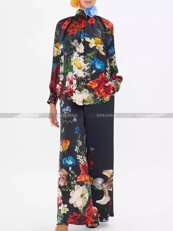 Conjunto feminino de blusa de seda solta com gola alta e calças de perna larga, estampa floral retrô, top frisado pesado, calça comprida