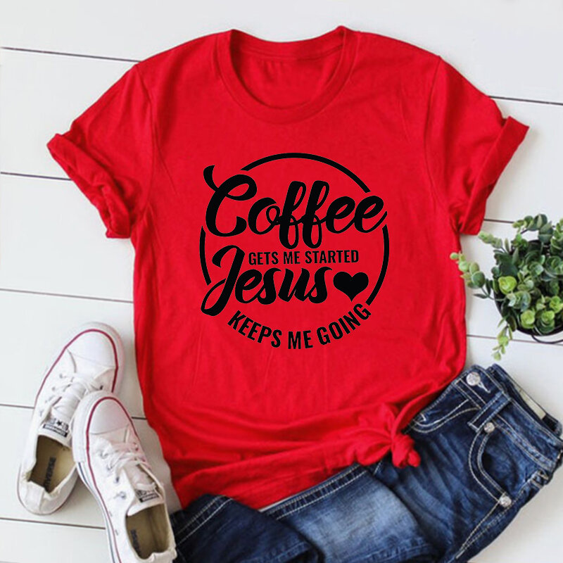 Jesus-女性のためのグラフィックプリントTシャツ,コーヒーの引用トップ,カルス